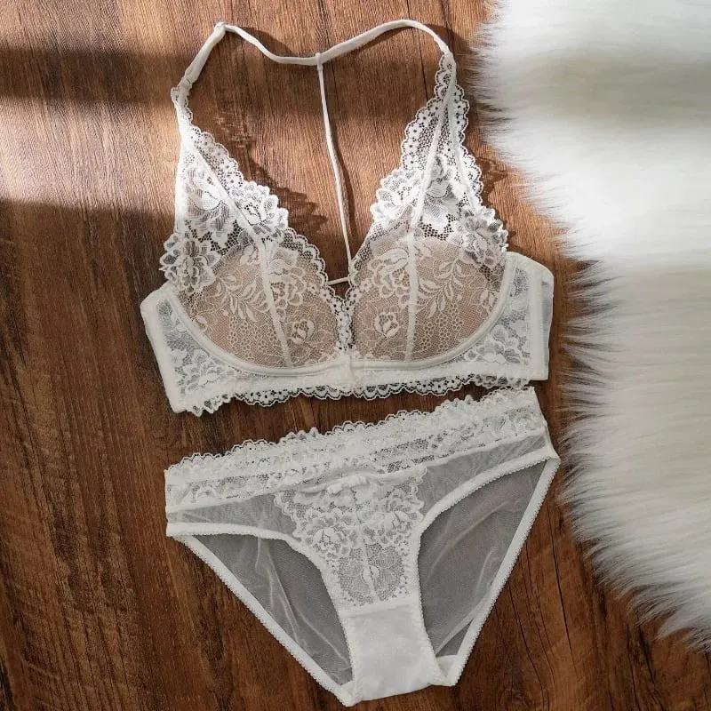 French Vintage Lace Halter Bra Set Wireless Thin Cup Small Breast Push Up Anti Sag Lifting Soft Pure Desire Ladies Intimate Bras — image 2