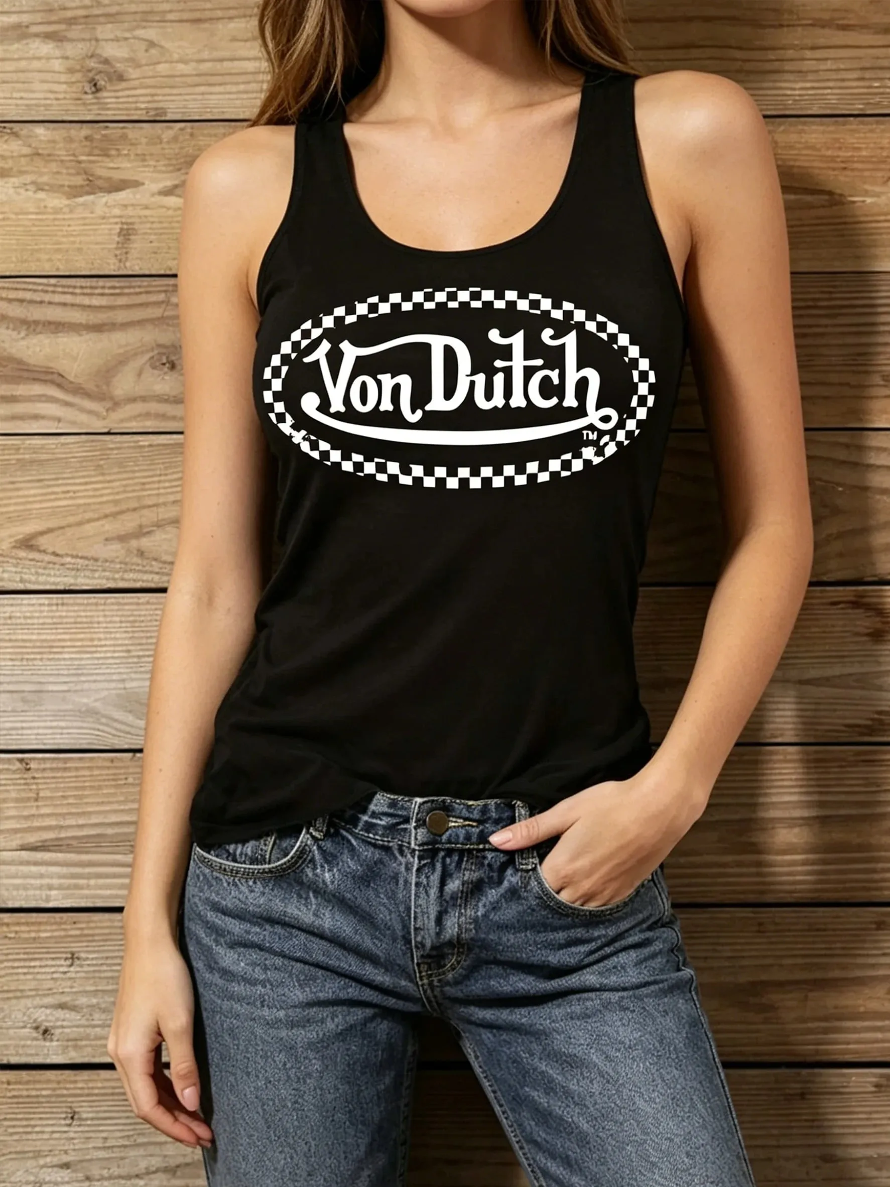 Women's Y2K American Street Retro-Style Checkered Border Printed Casual Tank Top for Summer Sports Use — image 5