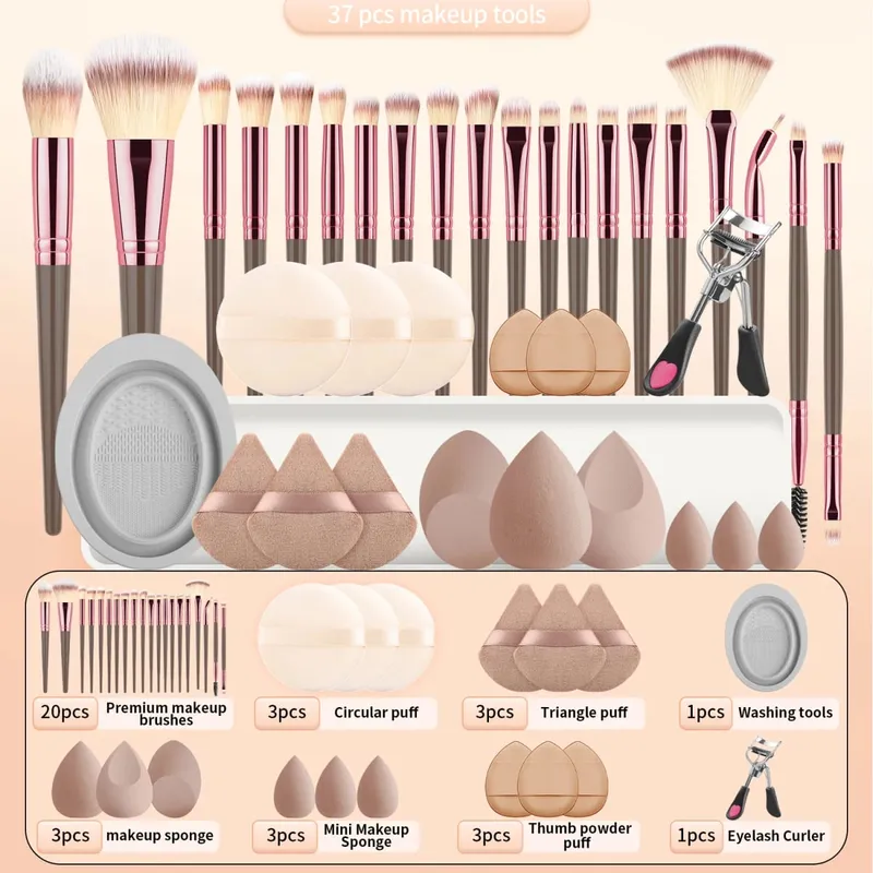 20 makeup brushes+3 round powder puffs+3 triangular powder puffs+3 beauty eggs+3 finger powder puffs+3 mini beauty eggs+1 washin — image 10