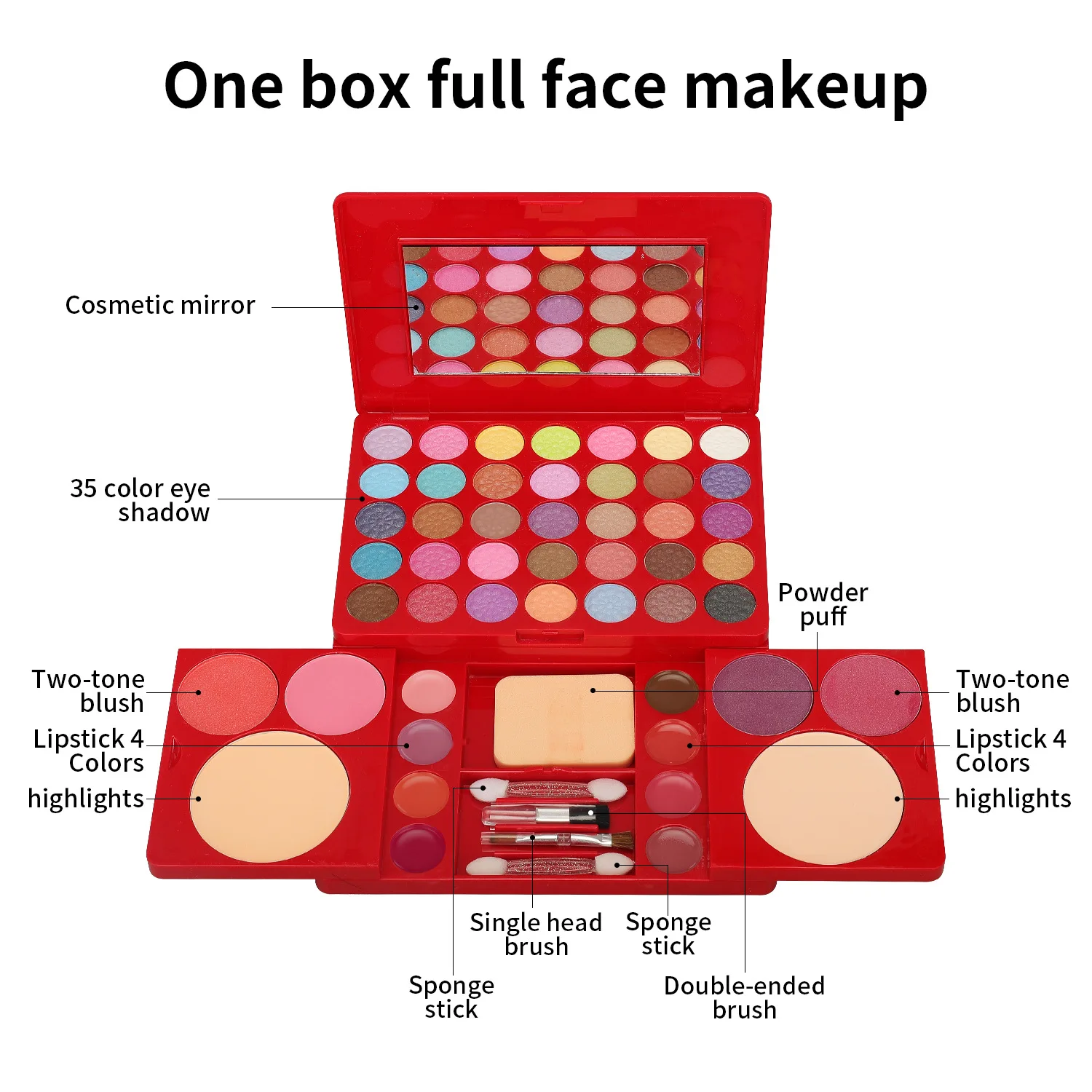 Kit Solek Set Penuh untuk Wanita Pelbagai fungsi Semua dalam Satu Kotak Merah 49 Warna Wajah Bibir Pembayang Mata Berus Penyerlah Palet Mekap — image 3
