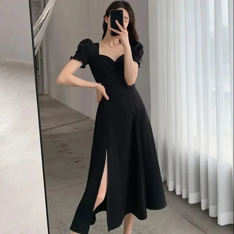 Solido Puff a maniche corte Elegante vestito con lo spacco Nuove donne di moda Scollo a V Abiti completi Donna Vita alta Slim Abiti da sera — image 2