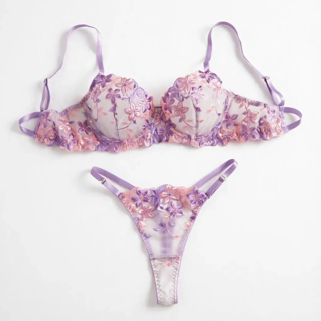 Purple Sexy Lingerie for Women Sets Lace Embroidery 2 Piece Underwear Set Sheer Mesh Bra and Panty Set with Underwire — image 1
