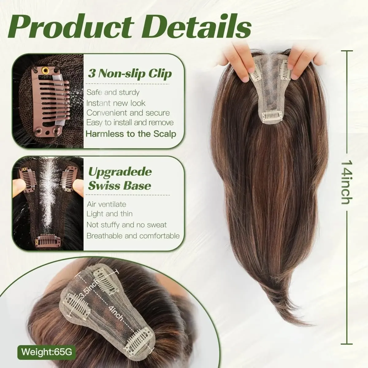 14 Inches Chestnut Brown With Blonde Layered Hair Topper with Bangs for Women Synthetic Swiss Base Hair Pieces Topper with Clips — image 3