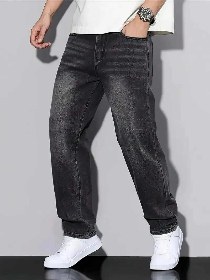 Men's Black Washed Loose-Fit Jeans Straight-Leg Casual Streetwear Trousers for Daily Wear Comfortable Denim-Like Pants — image 3
