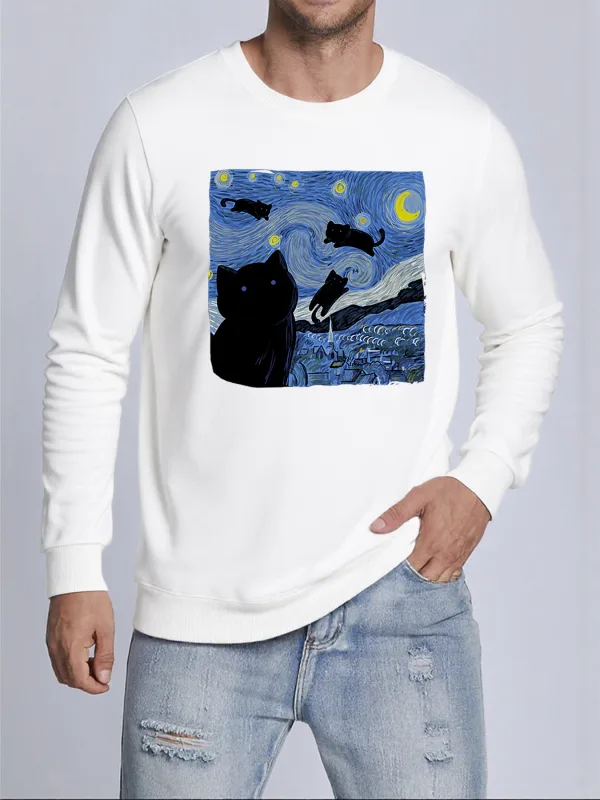 Van Gogh Starry Night Cat Printed Pullovers Unisex Thicken All-Match Sweatshirt Hip Hop Loose Hoodie Autumn Casual Sweatshirts