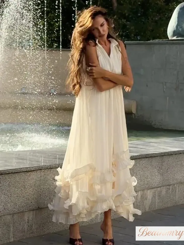 Solid Multi-layer Ruffled Maxi Dress Women's Elegant Sleeveless Off-shoulder High Waist Dresses 2026 Vacation Female Clothing — image 2