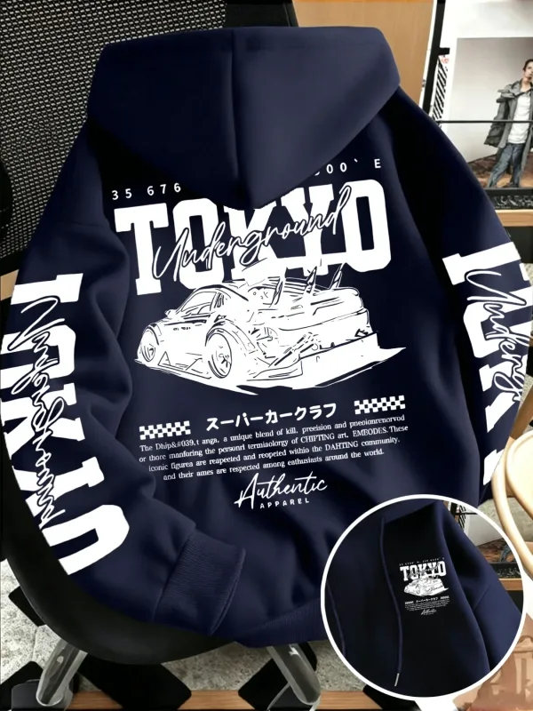 Autumn Winter New Men'S Tokyo Underground Racing Line Drawing Print Hooded Sweatshirt Japanese Street Trendy Top — image 1