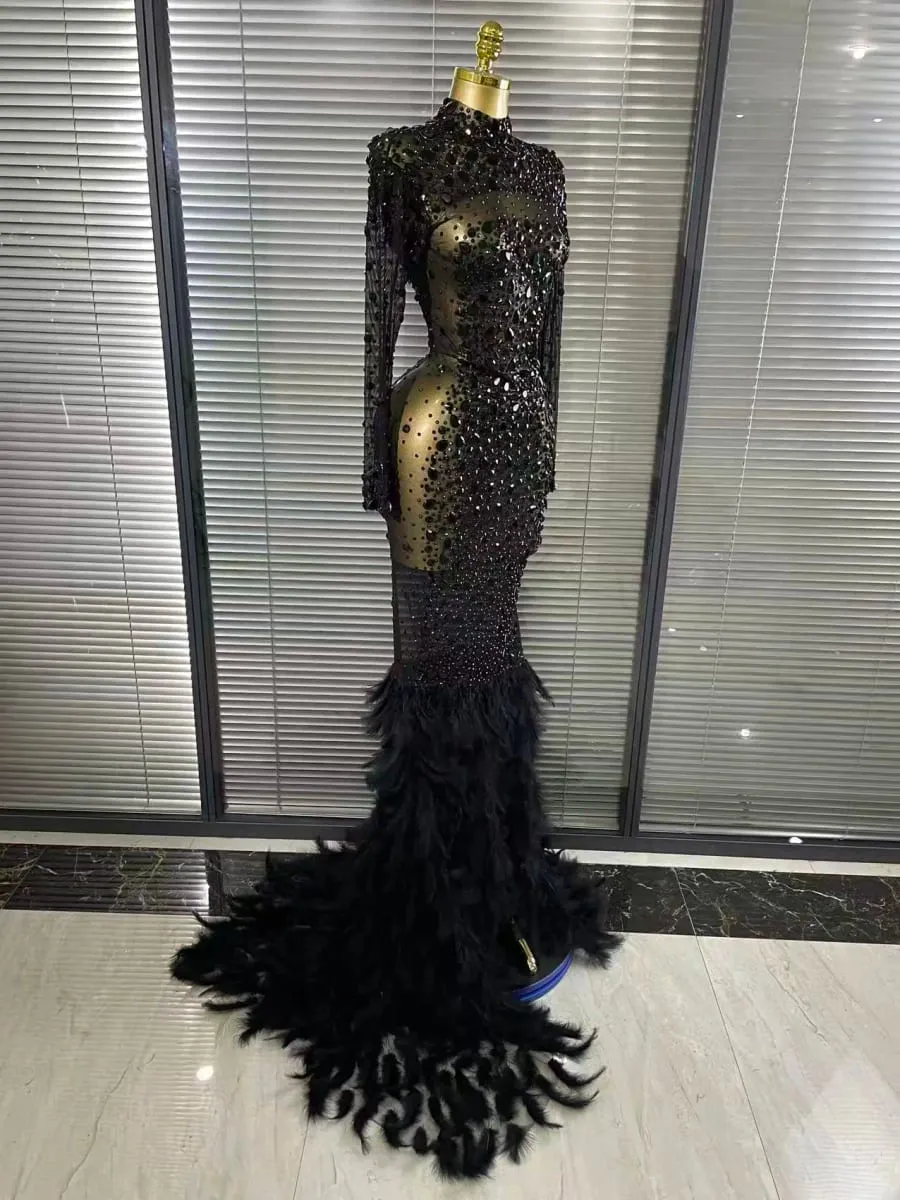 Black Red Women Long Sleeve Sexy Sparkly Crystal Mesh See Through Feathers Floor-length Mermaid Dress Evening Party Prom Outfit — image 5
