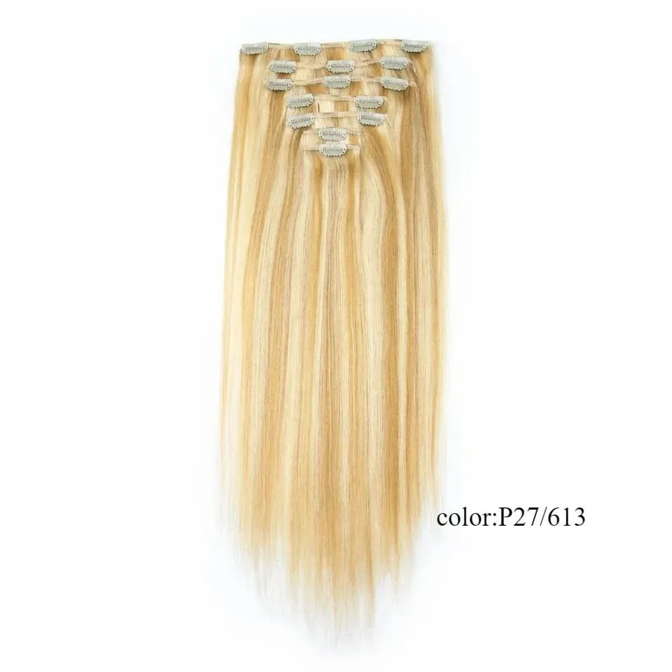 Rebecca Clip In Hair Extensions Human Hair Straight Clip In Blonde P6/613 P8/613 P27/613 P4/27 Color Clip Ins Remy Hair 7Pcs Set — image 12