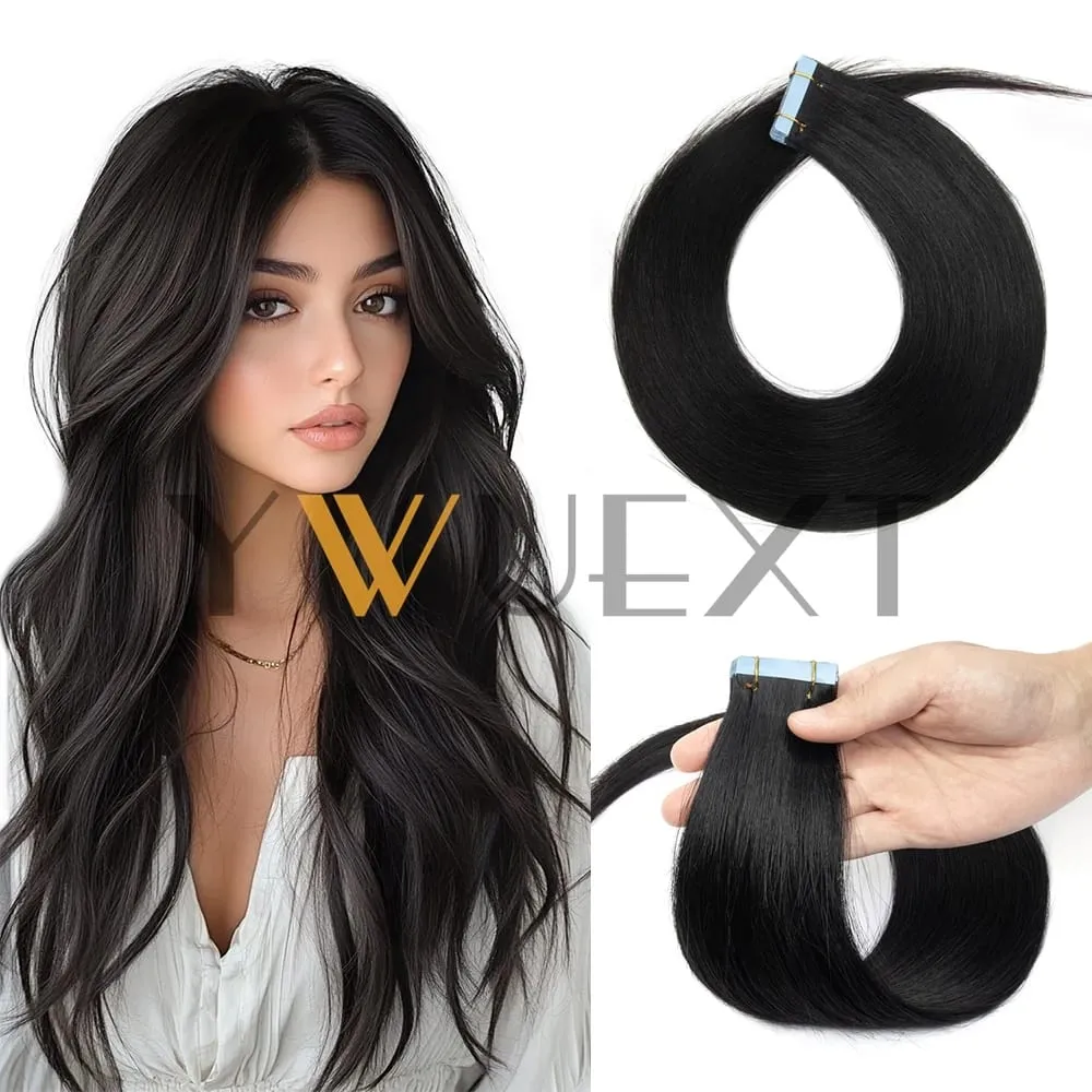 Real Human Hair Tape in Extensions 12''-20'' Natural Straight Black Seamless Tape Hair On Double Sided Tape 20pcs 50g/pack — image 2
