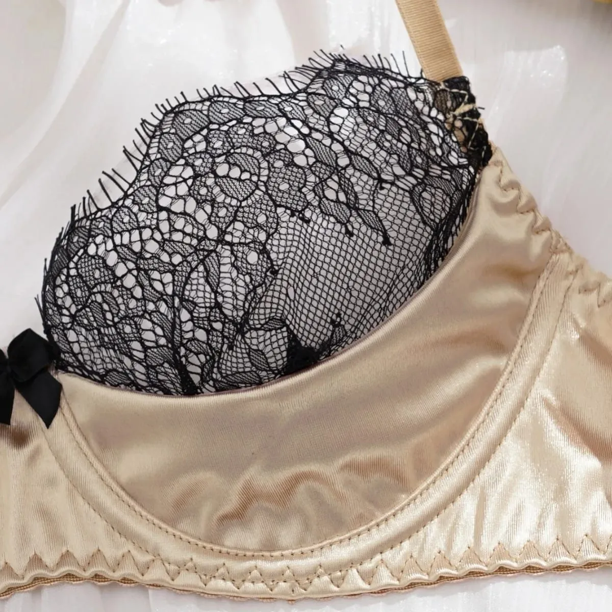 Satin Fabric Eyelash Lace Patchwork Ultra Thin Unlined Bra Sets Underwear with Underwire Sexy Lingerie Women Brassiere — image 4