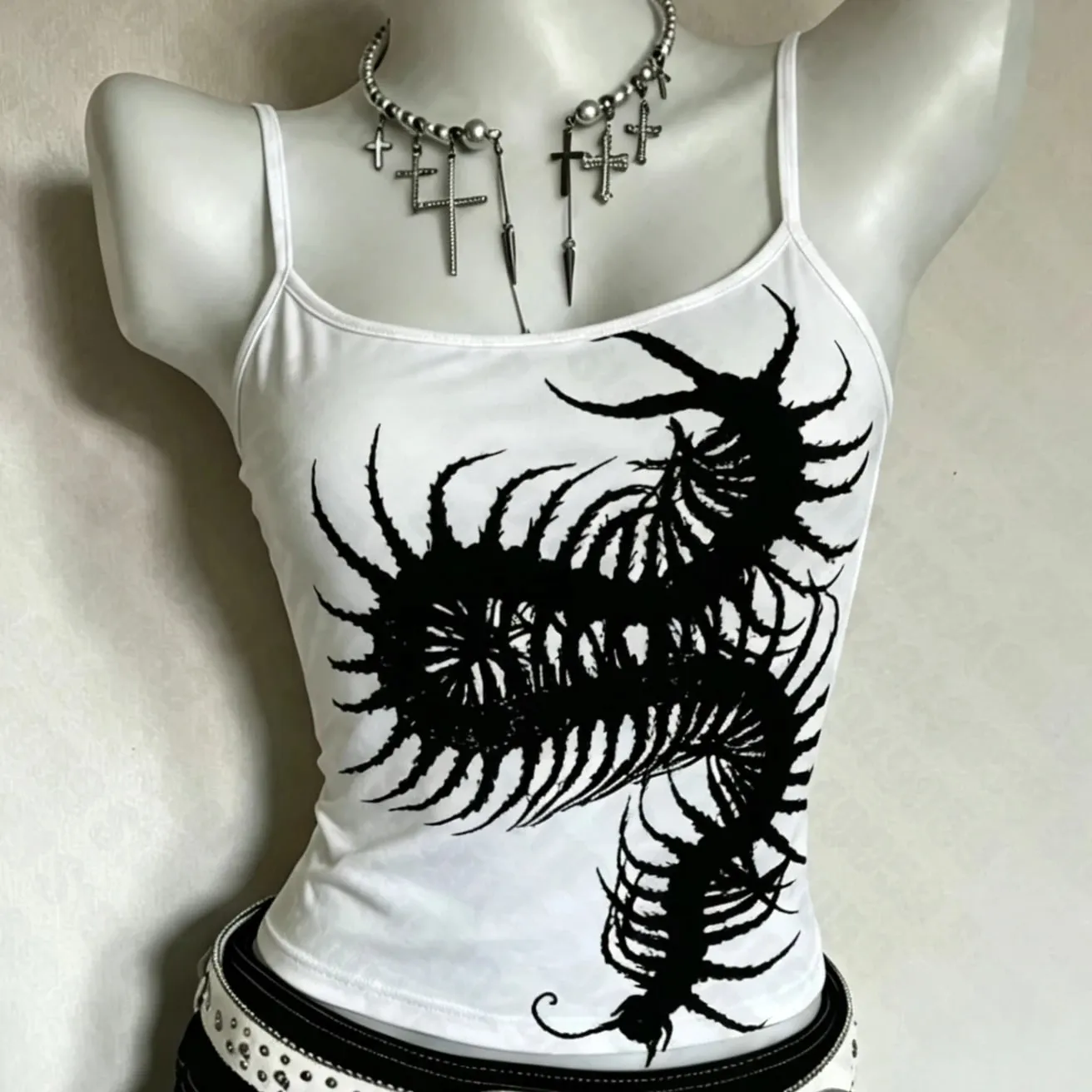 Women Y2K Alt Punk Cami Tank Top Spaghetti Strap Gothic Centipede Print White Sleeveless Slim‑Fit Streetwear Party Crop Tops — image 2