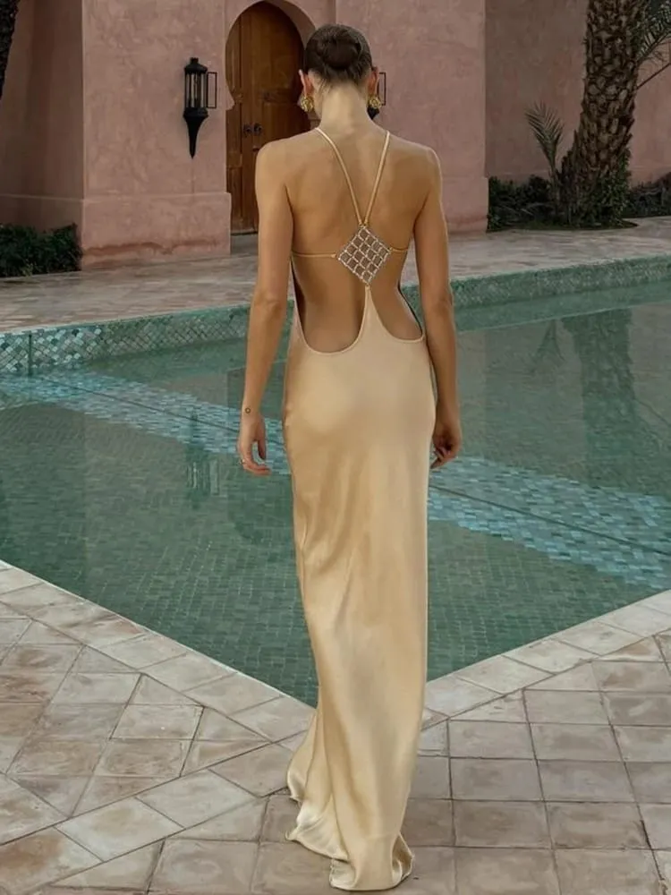 Nibber Abito senza maniche in raso con scollo all'americana Donna Fibbia in metallo Elegante patchwork Moda classica festa da sera senza schienale lungo aderente