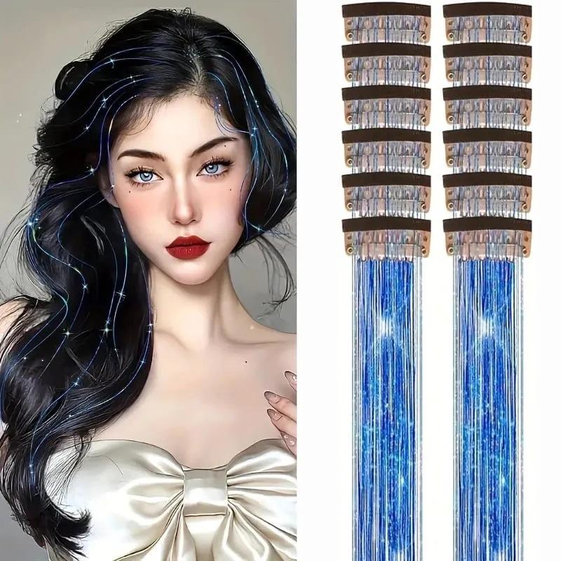 12pcs Per Pack of BB Hair Clips Shiny Metallic Hair Extensions with Clips Synthetic Hair Sparkling Hair Accessories for Women — image 17