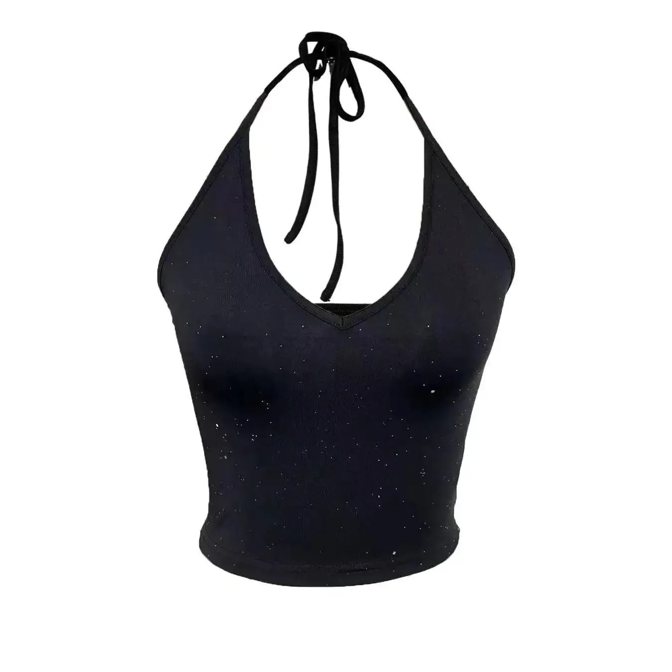 Women's Tank Top Spring Summer Black Ribbed Knit Starry Sequin Halter V Neck Sleeveless Cropped Slim Casual Daily Top