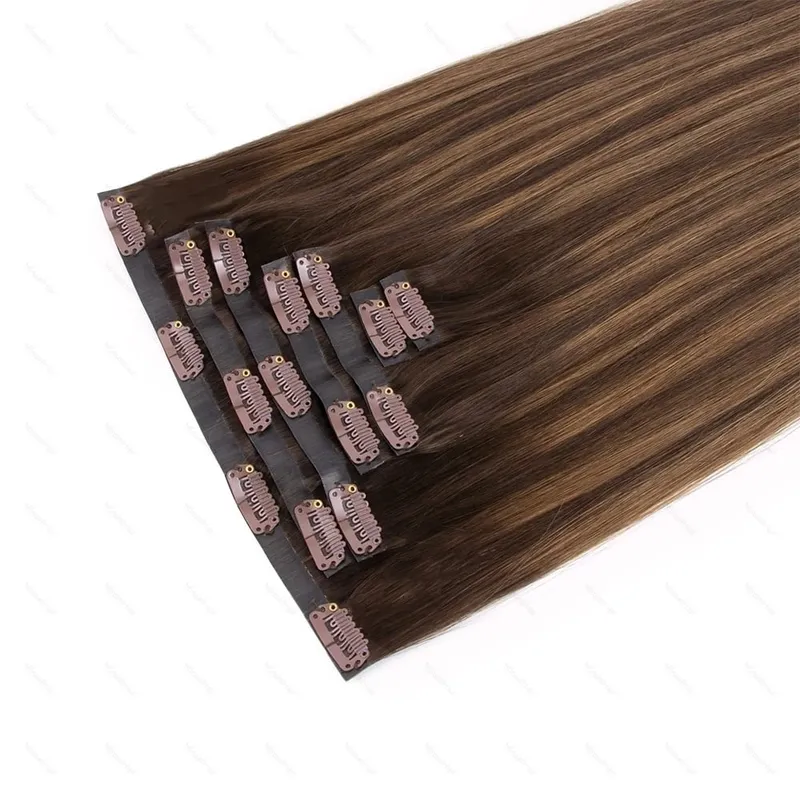 PU Clip Ins Human Hair Premium Remy Clip In Extensions On Tape Weft Silk Straight European Real Natural Hair 14-24inch 7pcs 110G