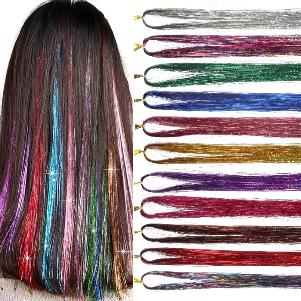 3pcs/pack 120cm Multicolor PET LLaser Hair Tinsel Strands Metallic Hair Extensions for DIY Party Cosplay Hair Decor Accessories — image 2