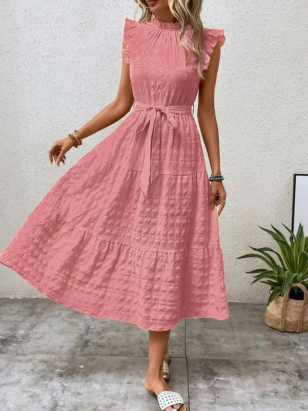 2026 Summer Fashion Flutter Sleeve Women Stand Collar Ruffles Solid Color Elegant Loose Long Dress Lace-up Texture Party Dresses — image 9