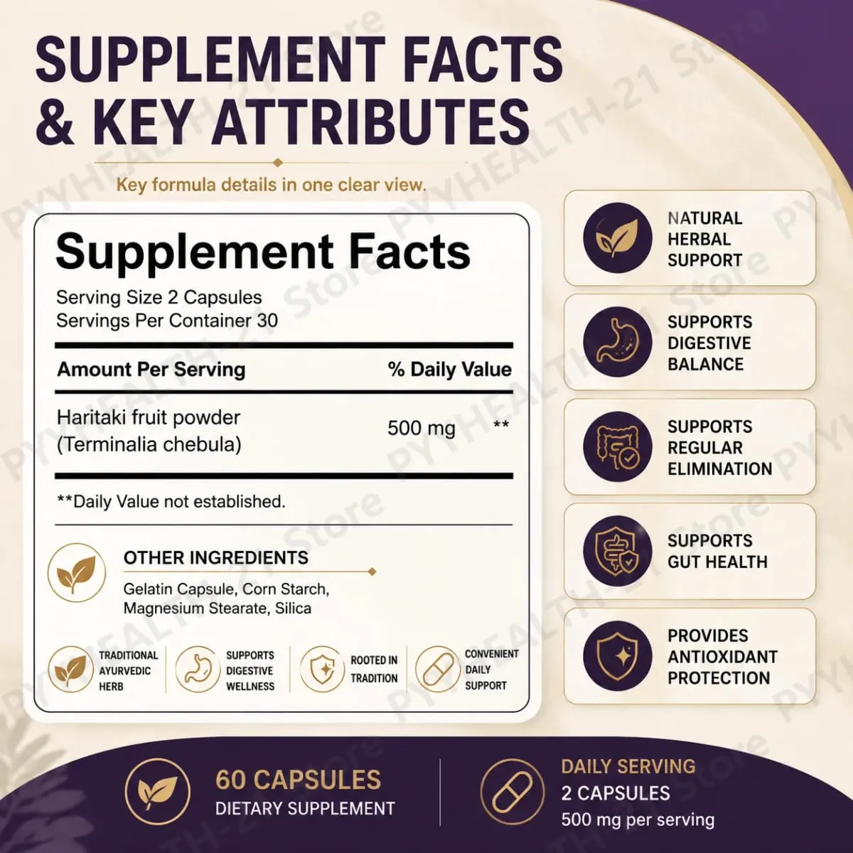 Haritaki 3rd Eye Supplement 500mg Supports Digestive Balance Gut Health Regular Elimination Daily Antioxidant Protection 60 Ct