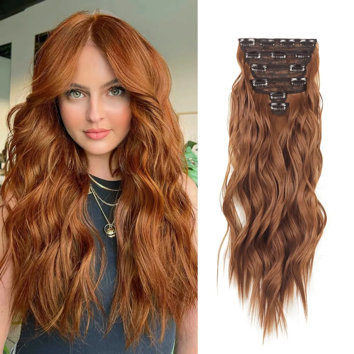 Clip in Hair Extensions 6PCS Thick Synthetic Hair Long Beach Waves hair Invisible Lace Weft Natural Soft Hairpieces for Women — image 2