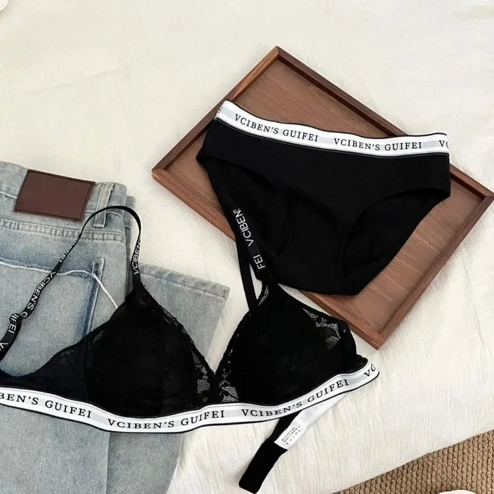 Comfortable Letter Design Lingerie Set Lace Deep V Women Underwear Suit Wireless Color Blocking Bra Panties Set Gift