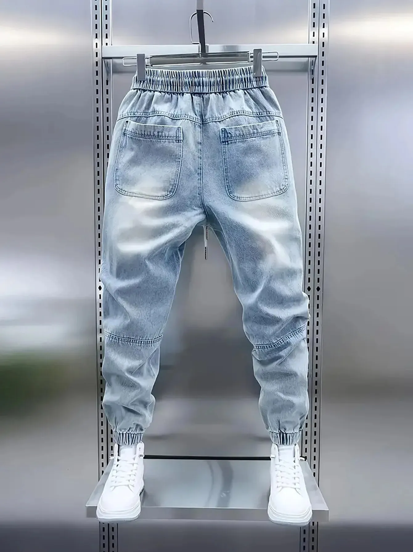 Men's New Drawstring Elastic Waist Light Blue Cuffed Baggy Jeans — image 7