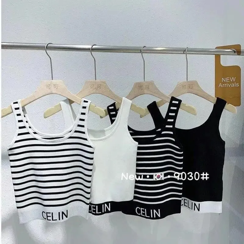 Spring and Summer New Korean-style Hem Letter Stripes Slimming Knitted Halter Top Versatile Slimming Solid Color Vest for Women — image 5