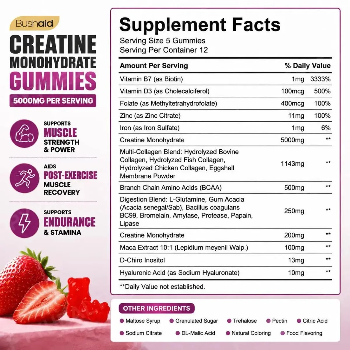 BushAid Creatine Monohydrate Gummies pro regeneraci svalů po tréninku s multi-kolagenovou směsí BCAA a Zinc 60 Gummies