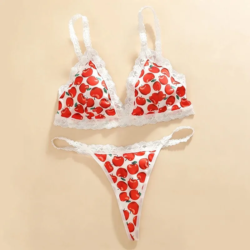 Women's Cute Apple Print Lingerie Set Wireless Triange Bra&Thong 2 PCS Bralette Sets Sweet Fruit Pattern Intimate Lace Underwear — image 1
