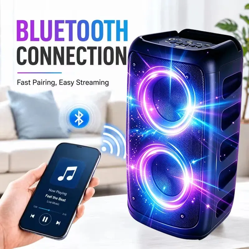 مكبر صوت بلوتوث احترافي كبير 9900 هرتز مع ميكروفون بتصميم محمول يتميز بمصابيح LED لصندوق حفلات مضخم الصوت متوافق مع وظائف BT/USB/TF/AUX/FM/TWS/MIC/EQ الاحترافية للكاريوكي. هدية مثالية لأعياد الميلاد والكريسماس ورأس السنة الجديدة — image 4