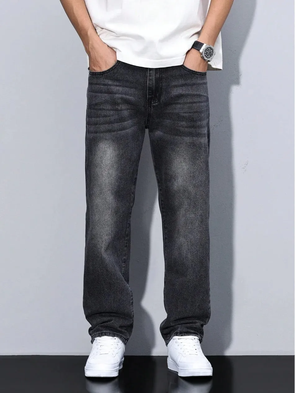 Men's Black Washed Loose-Fit Jeans Straight-Leg Casual Streetwear Trousers for Daily Wear Comfortable Denim-Like Pants — image 4