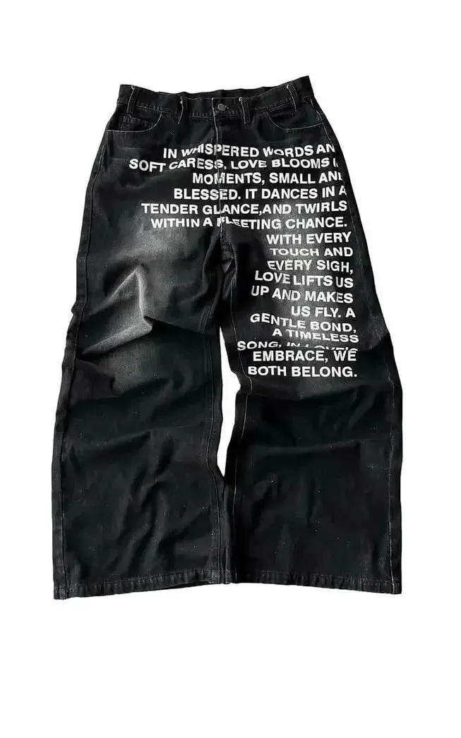 American Y2K Washed Letter Printed Wide Leg Jeans Men's Retro Street Style Hip-hop Trendy Brand Loose Fitting Unisex Pants