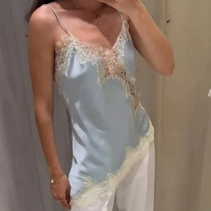 Combhasaki Women Floral Lace Trim Satin High Low Vest Silk Spaghetti Strap Side Split Asymmetrical Cami Flowy Silky Layering Top — image 7