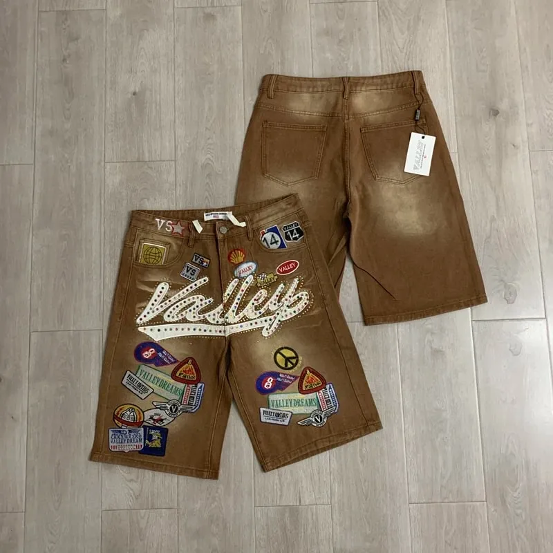 New Y2K Colorful Rhinestone VALLEY Embroidery Patch Label Denim Shorts Jorts Men Women High Quality Loose Straight Short Jeans — image 10