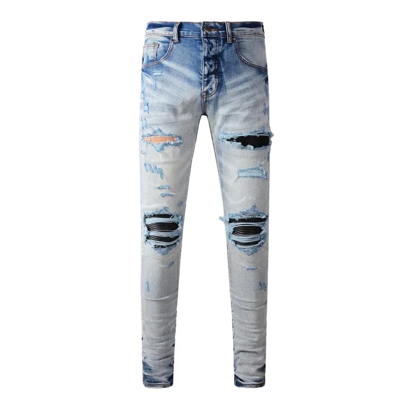 Fashionable New Men's Retro Blue Jeans With Pleated Elastic Perforated Blue Leather Patch Tight Tapered Pants Y2K — image 10