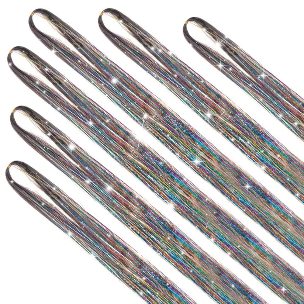 Hair Tinsel Kit 6 Pcs 2000 Strands Silver Tinsel Hair Extensions Fairy Hair Tinsel Heat Resistant Sparkly Shiny Synthetic Hair