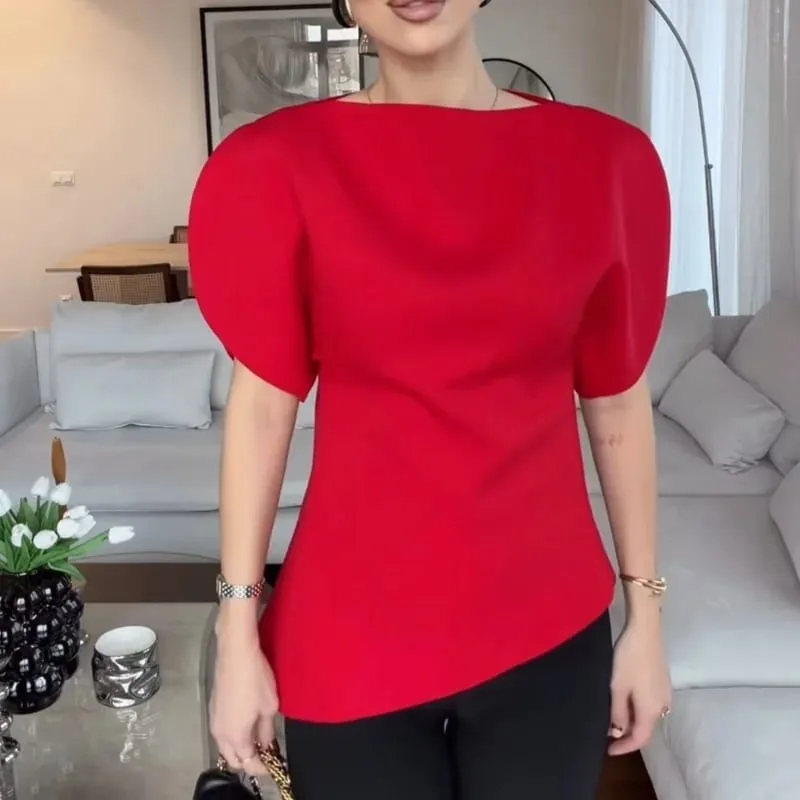 Asymmetric Hem Puff Sleeve Midi Dress Solid Boat Neck Slim Fit 2026 Summer Chic Elegant Party Women Evening Office Evening Gown — image 9