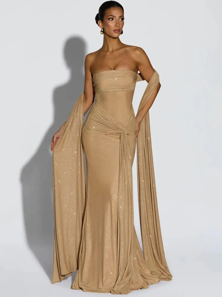 Mozision Sparkle Strapless Draped Sexy Maxi Dress Women Elegant Off-shoulder Sleeveless Backless Ruched Club Party Long Dress — image 5