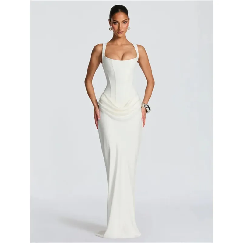 Ladies' formal square neck sleeveless waist cinching design with pleated fish tail long skirt for dinner party slimming dress — image 7