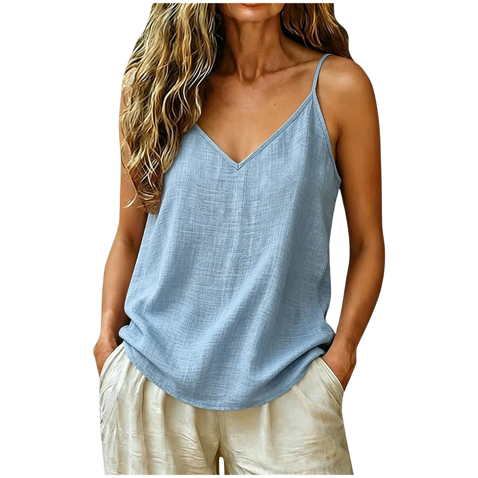 Women Cotton Linen Spaghetti Strap Tank Top V Neck Solid Color Loose Fit Lightweight Casual Sleeveless Camisole Summer Beach Top — image 11