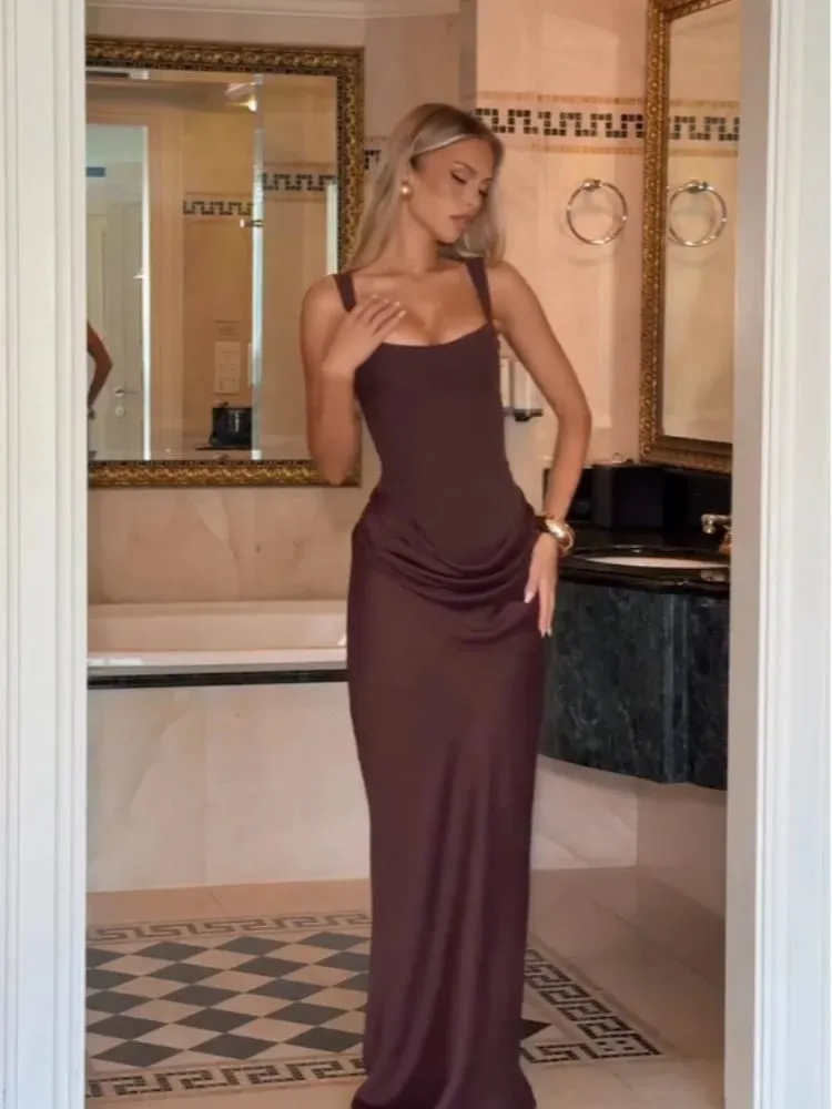 Abito sexy con fionda a pieghe solido Collo quadrato senza maniche Vita con spalle scoperte Abiti sottili Abiti da sera da donna — image 2