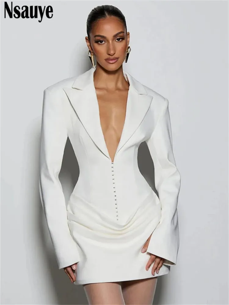 Nsauye Elegant Evening Short Dress Women Fall Long Sleeve Sexy Fashion Night Club Party White Mini Wrap Corset Dress 2025 Winter — image 2