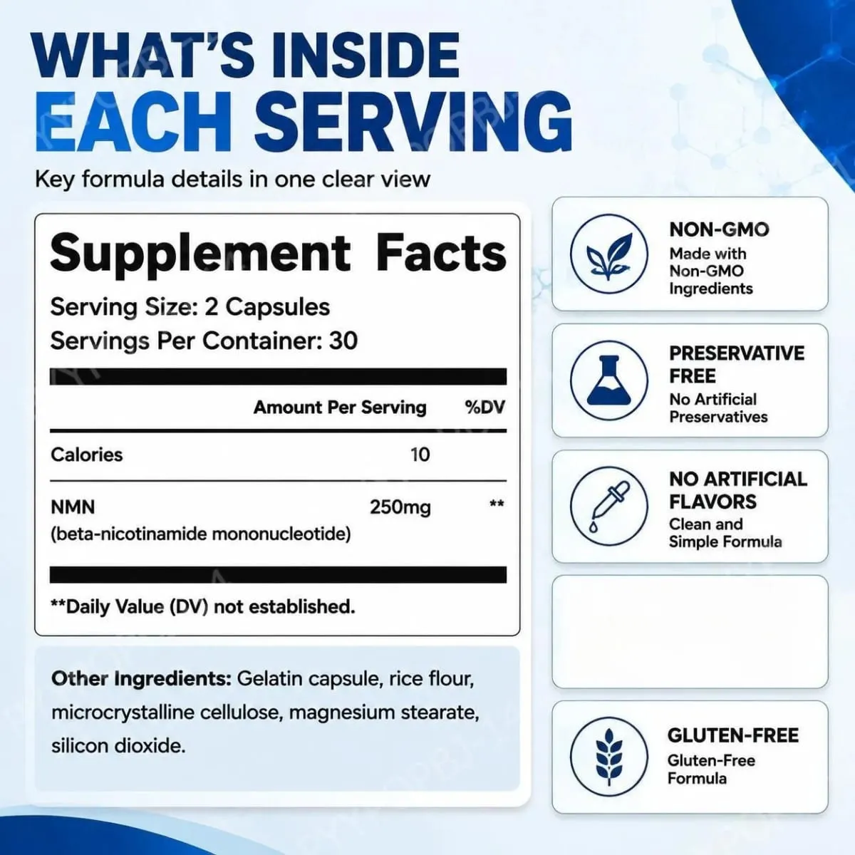 NMN Nicotinamide Mononucleotide Capsules 250 Mg Per Serving Increased Bioavailability Promotes Cellular Health 60 Capsules — image 3