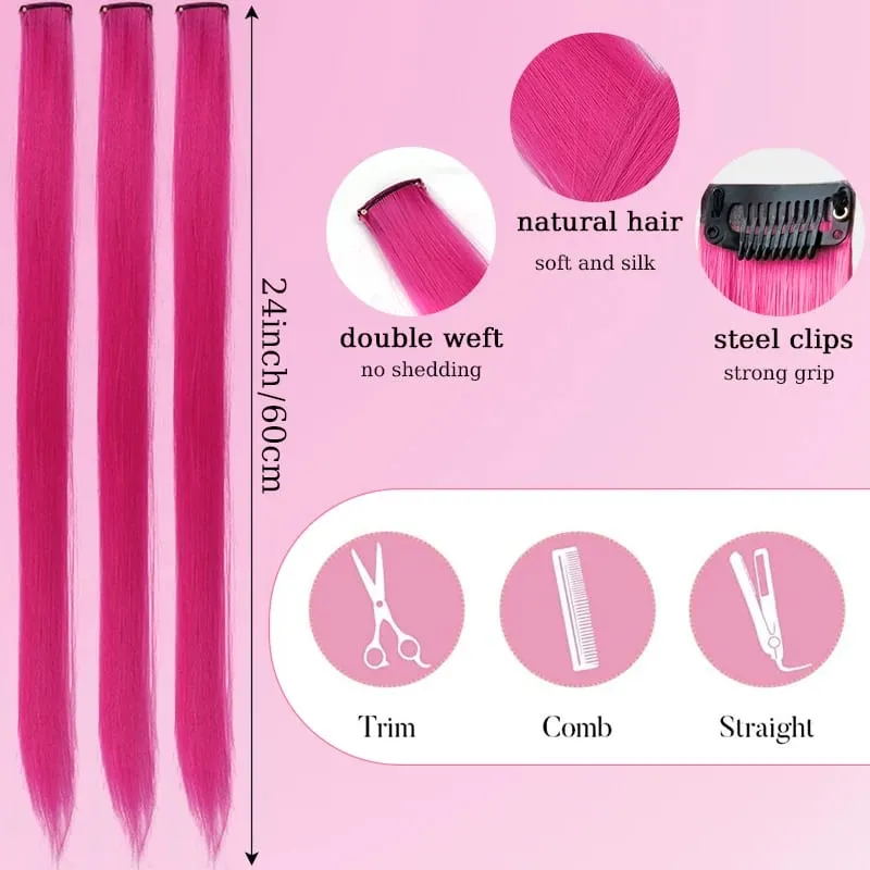 10Pcs Pink Clip in Hair Extensions Party Highlights Wig Synthetic Colored Straight Hairpiece for Girls Kids Christmas Party Use — image 5