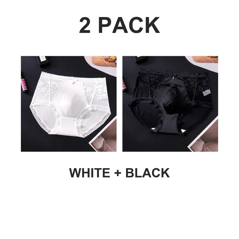 2 Pack Mens Mid Rise Satin Lace Briefs 3D Pouch Rhinestone Bow High Elastic Scalloped Trim Smooth