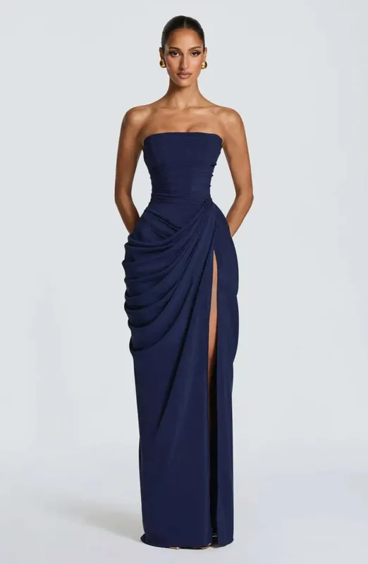 Mingmingxi 봄 여름 노란색 Strapless 맥시 드레스 Ruched 높은 슬릿 이브닝 가운 Bodycon 웨딩 게스트 파티 드레스 여성 — image 8