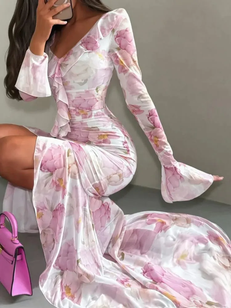 Women Chic Pink Floral Print Maxi Vestido Elegant V Neck Ruffle Trim Flare Sleeve Ruched High Chiffon Dress 2026 Party Outfit — image 1