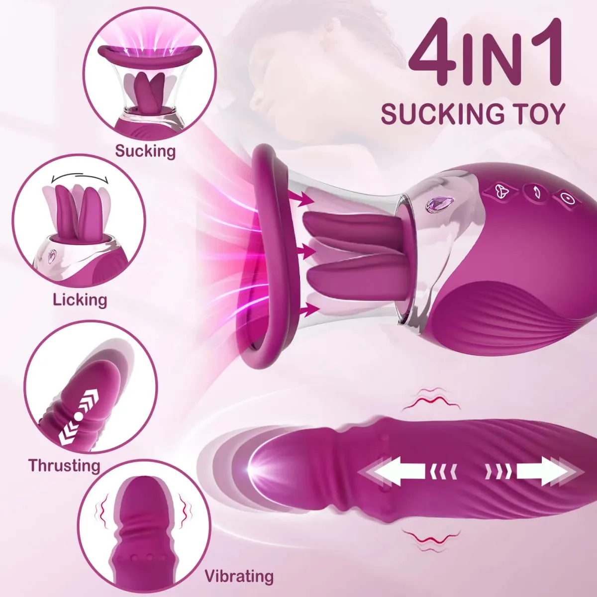 4 in 1 Rose Vibrator for Women G-Spot Thrusting Dildo with Clitoris Nipple Sucking Licking Massage Functions Adult Sex Toy
