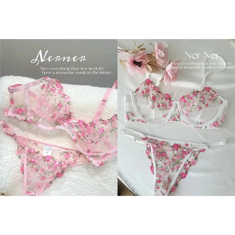 Transparent Floral Lace Embroidery Bra Set Summer Thin Minimizer Underwear Soft Breathable Full Bust Female Home Daily Wear S-XL — image 14