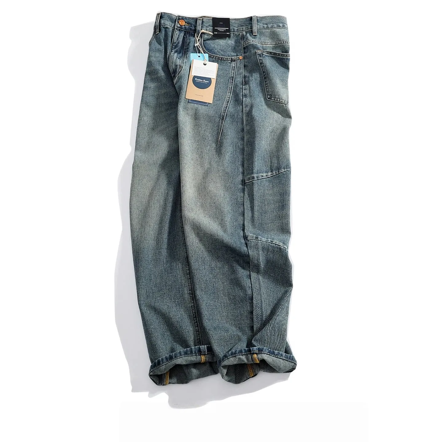 Retro distressed whiskering jeans for men three-dimensional split silhouette wide-leg loose denim trousers — image 1